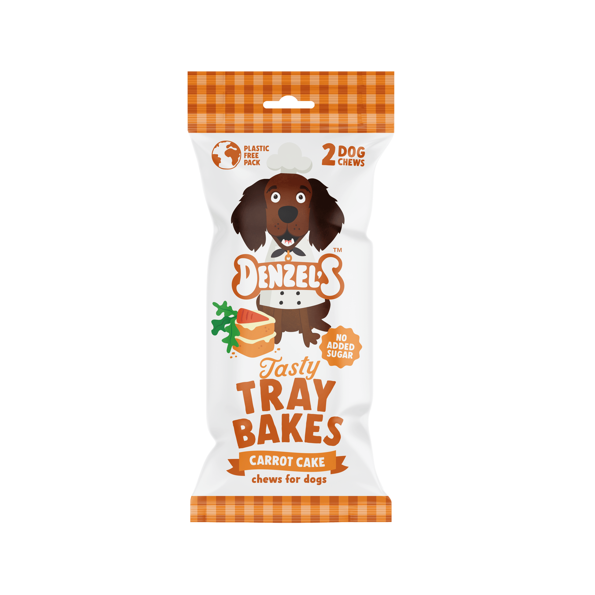Front of Denzel's Carrot Cake Tray Bakes dog chews pack showing the 2 chew format and carrot cake flavour