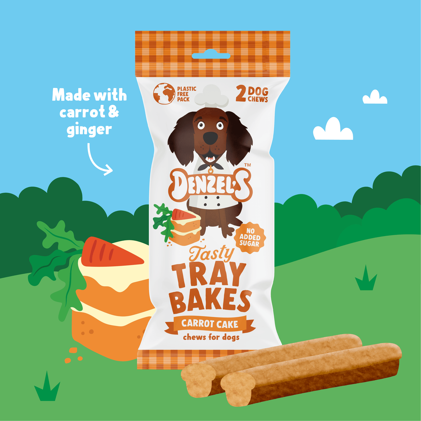 Denzel's Carrot Cake Tray Bakes pack styled with illustrated carrot cake and outdoor background to show flavour inspiration