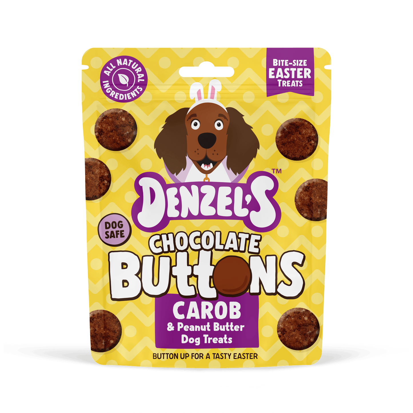 Front of Denzel's Easter Chocolate Buttons dog treats bag in yellow and purple packaging, 90g seasonal carob and peanut butter reward treats for dogs