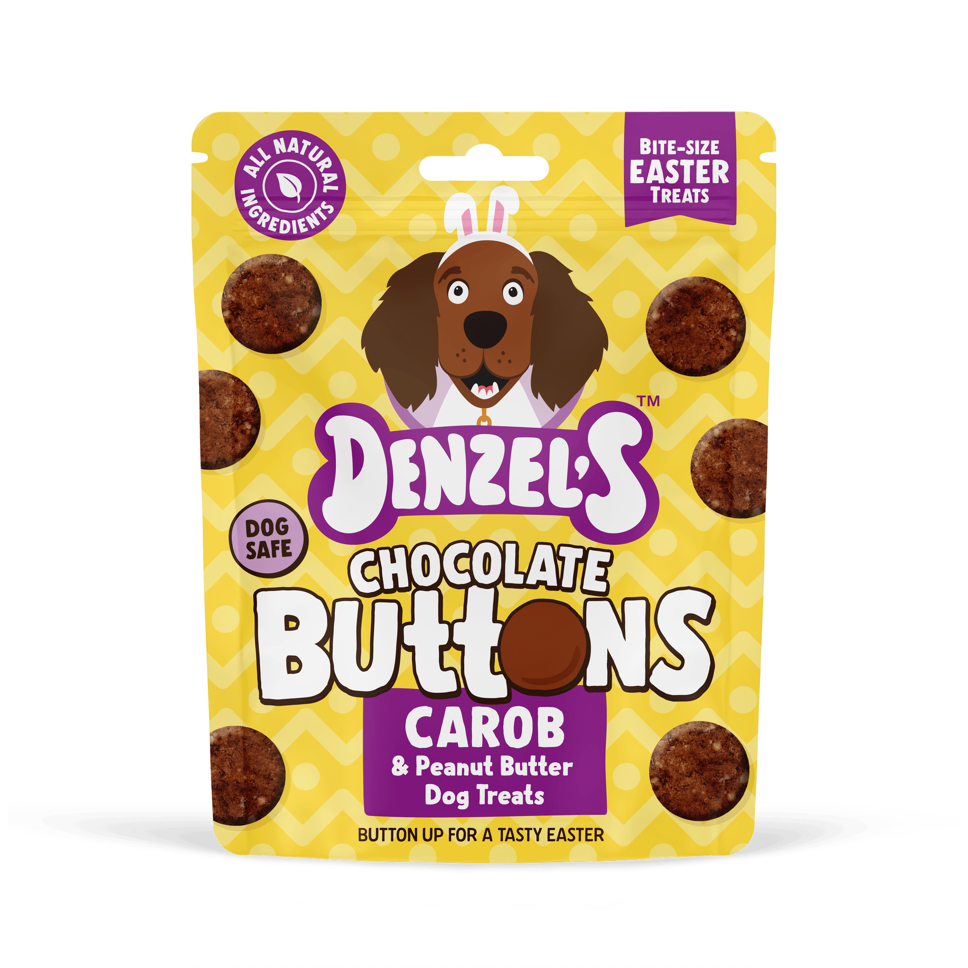 Front of Denzel's Easter Chocolate Buttons dog treats bag in yellow and purple packaging, 90g seasonal carob and peanut butter reward treats for dogs