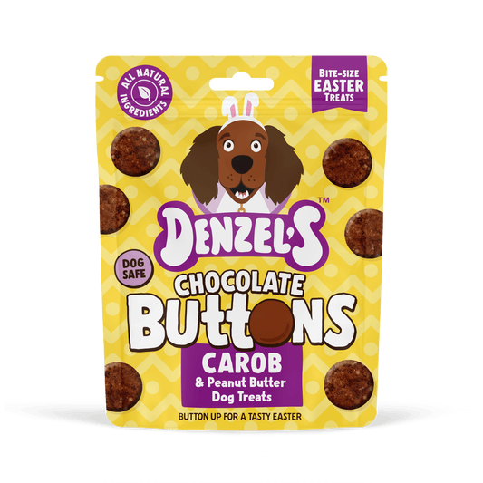 Front of Denzel's Easter Chocolate Buttons dog treats bag in yellow and purple packaging, 90g seasonal carob and peanut butter reward treats for dogs