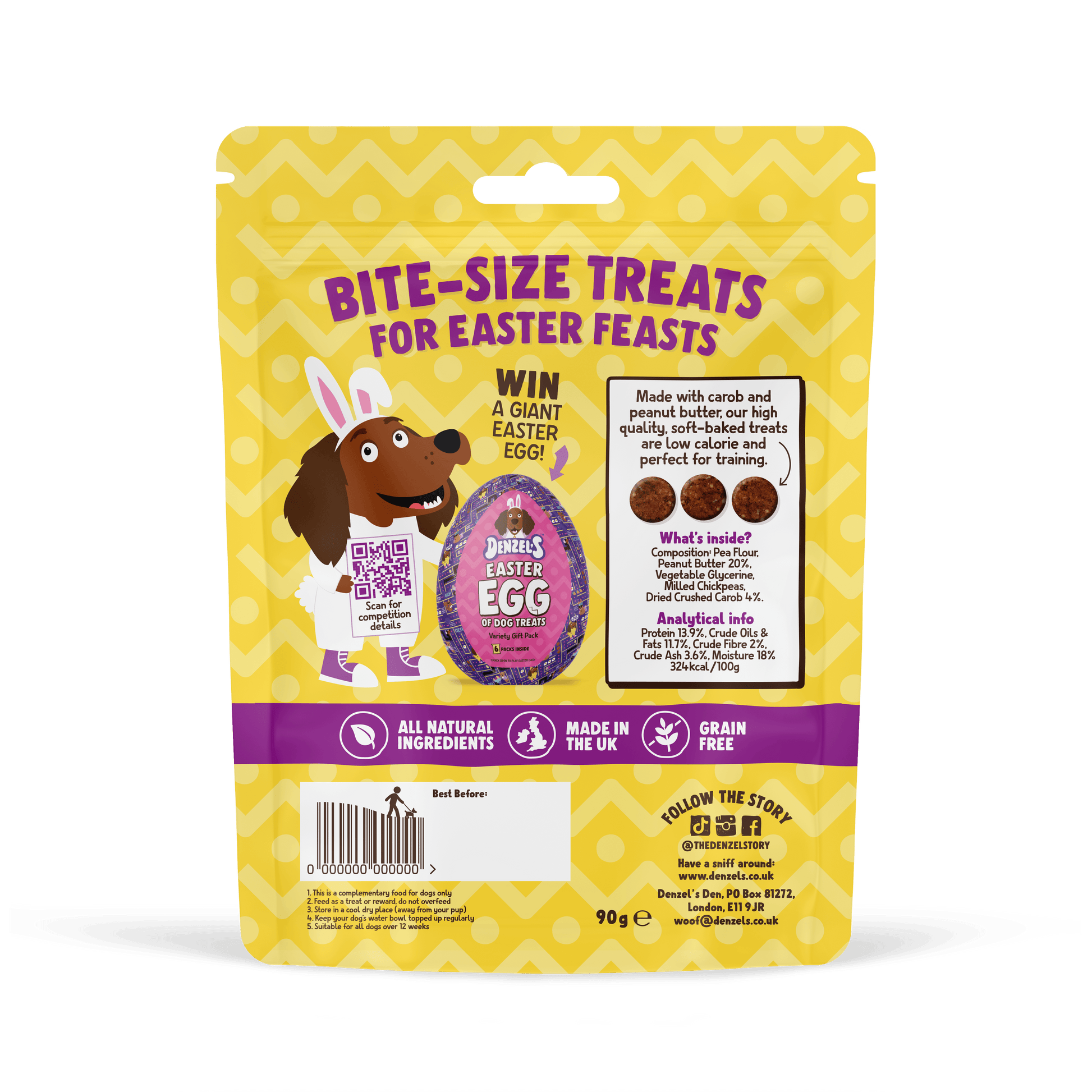 Rear pack shot of Denzel's Easter Chocolate Buttons for dogs showing carob and peanut butter flavour and bite-sized Easter treats
