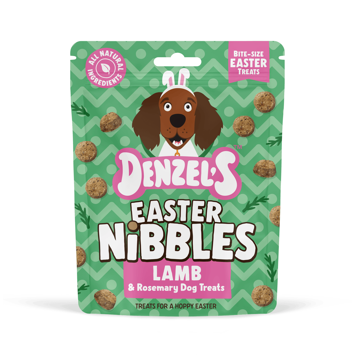 Front of Denzel's Easter Nibbles lamb and rosemary dog treats bag in green and pink packaging, 90g Easter reward treats for dogs