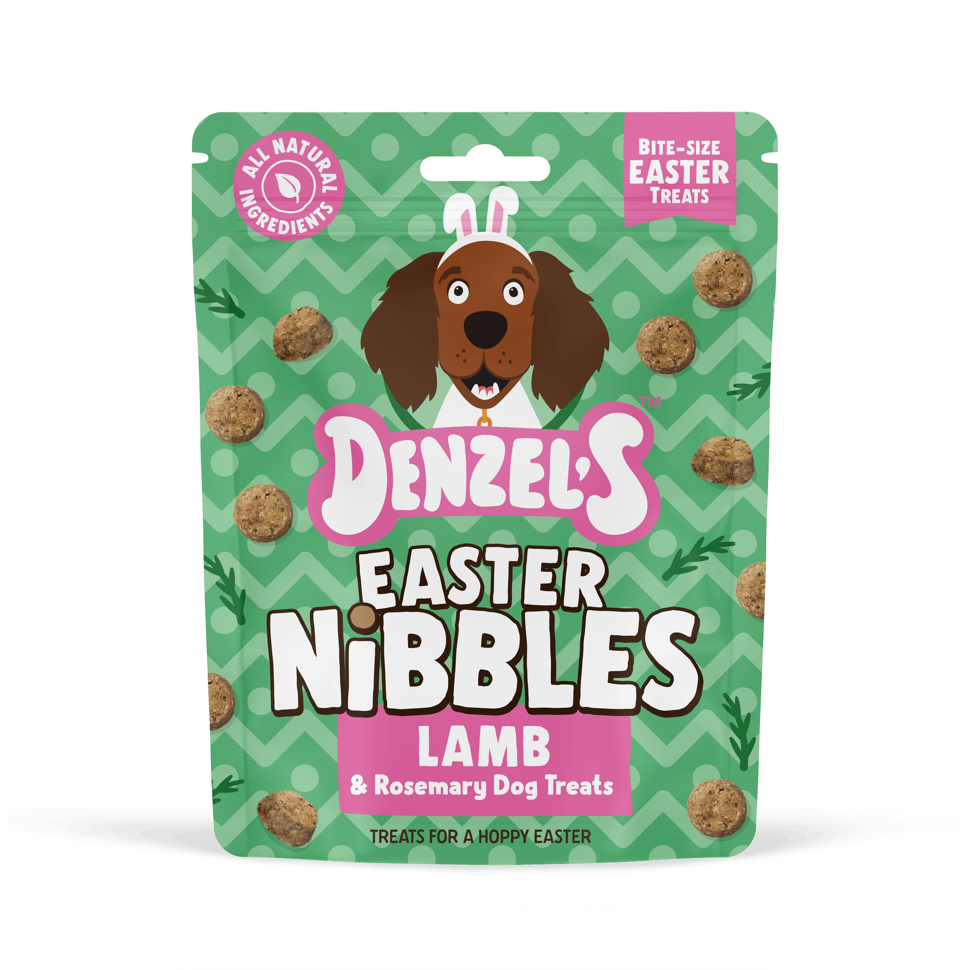 Front of Denzel's Easter Nibbles lamb and rosemary dog treats bag in green and pink packaging, 90g Easter reward treats for dogs