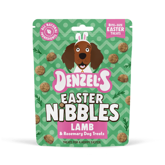 Front of Denzel's Easter Nibbles lamb and rosemary dog treats bag in green and pink packaging, 90g Easter reward treats for dogs