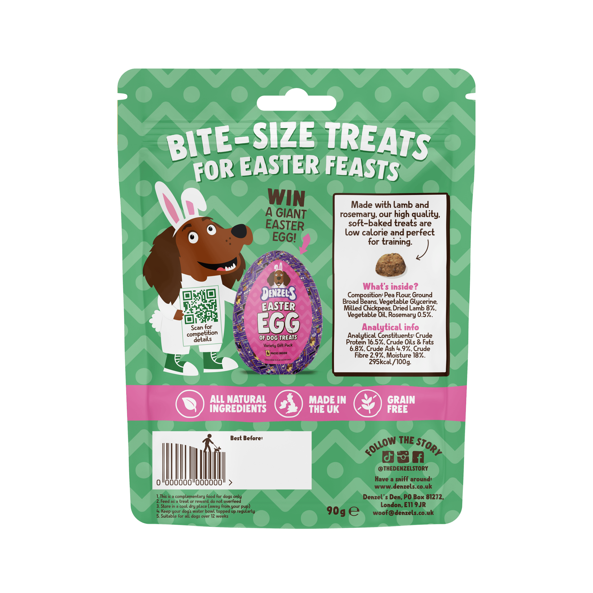 Rear pack shot of Denzel's Easter Nibbles for dogs showing lamb and rosemary flavour and bite-sized Easter treats