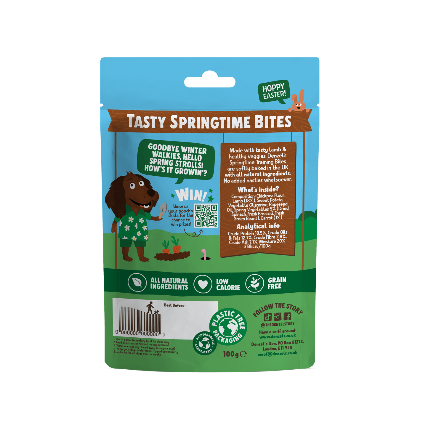 Back of Denzel's Springtime Bites dog treats pouch showing ingredients, analytical constituents and feeding information