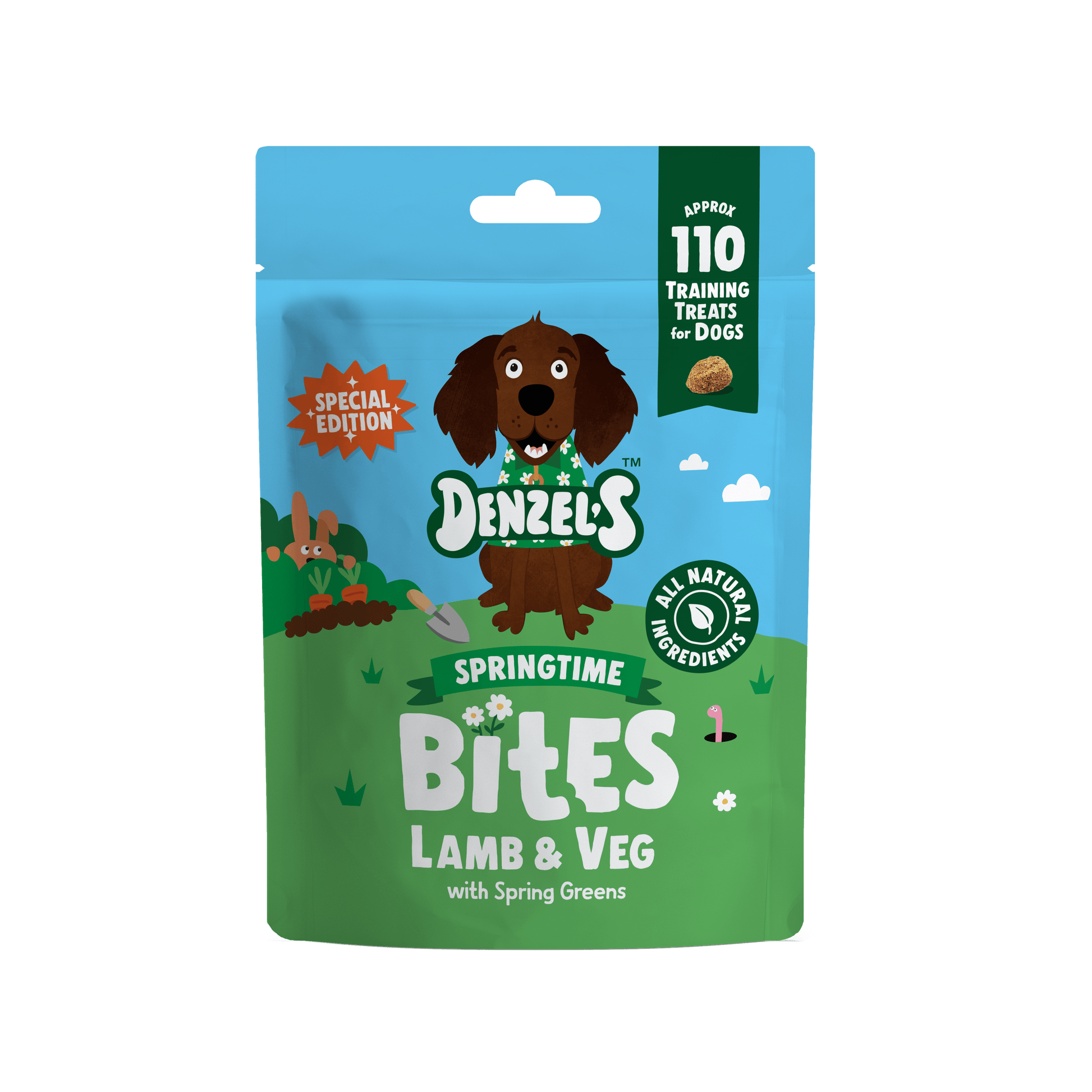 Front of Denzel's Springtime Bites Lamb and Veg dog treats pouch showing the 100g pack and approximate 110 training treats