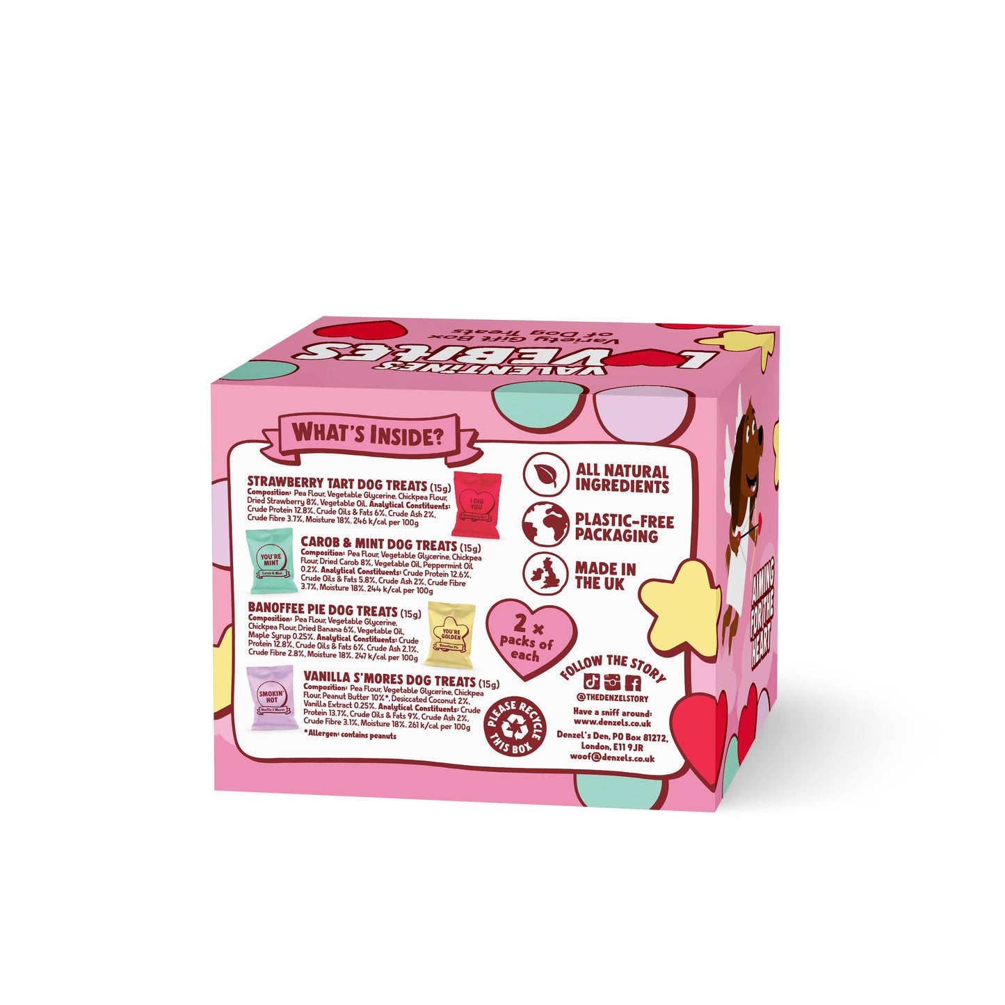 Back of Denzel’s Vegan Valentine’s Lovebites dog treat gift box showing ingredients and nutrition