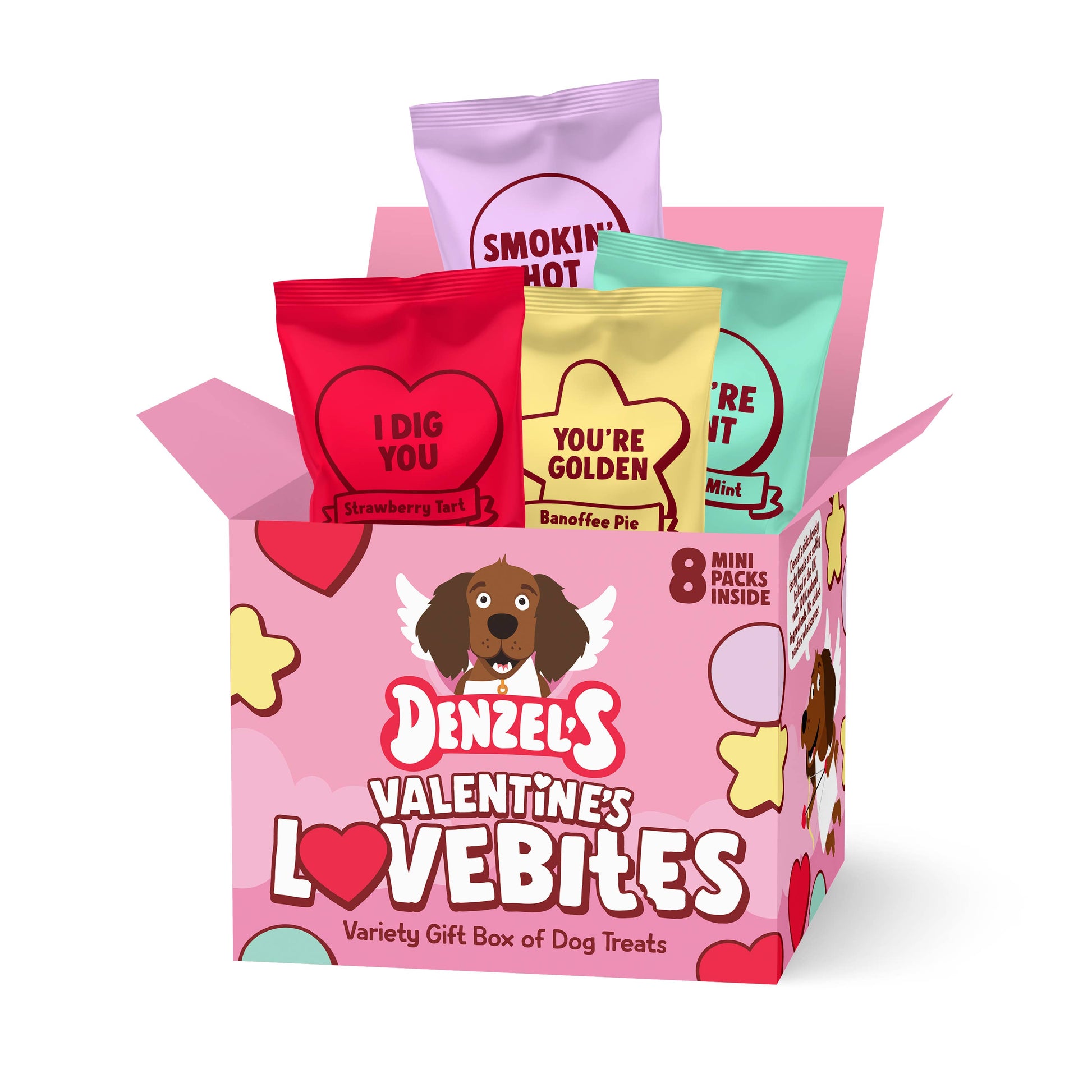 Denzel’s Vegan Valentine’s Lovebites gift box for dogs with 8 mini treat packs