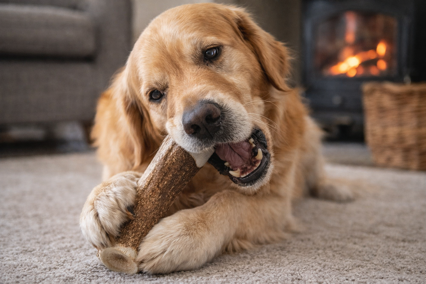 Dog enjoying a long-lasting natural elk antler chew indoors