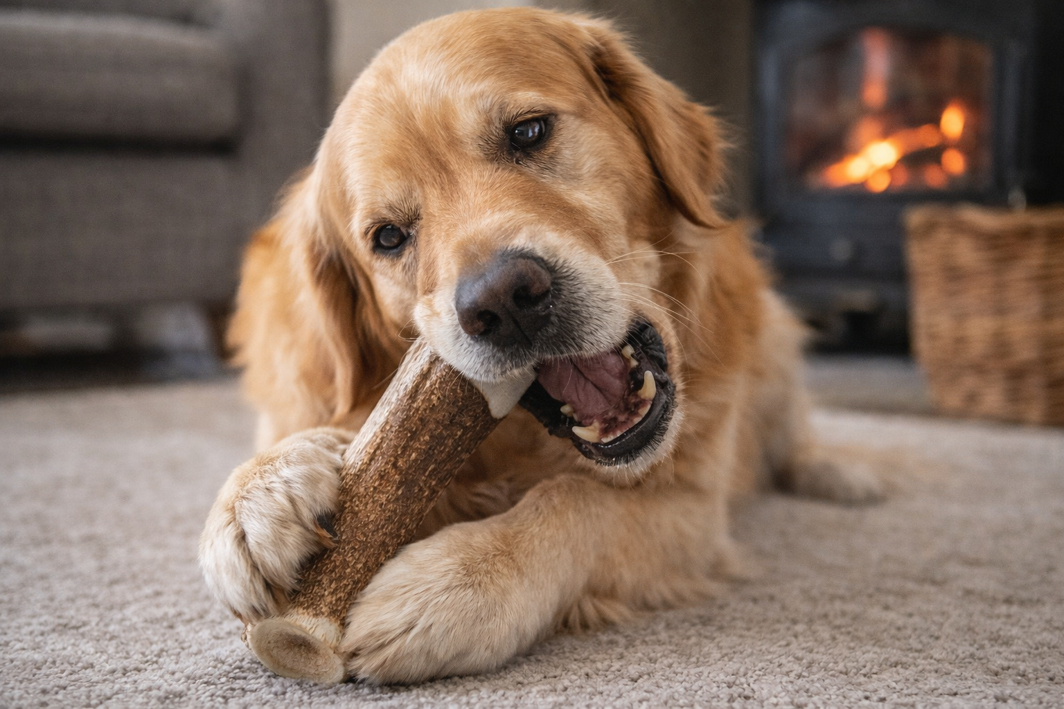 Dog enjoying a long-lasting natural elk antler chew indoors