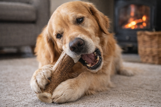 Dog enjoying a long-lasting natural elk antler chew indoors