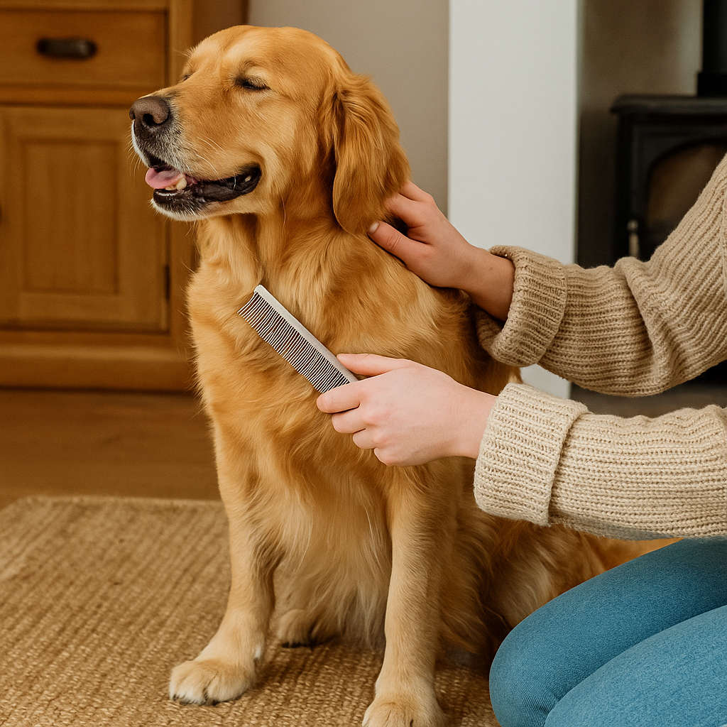 Owner gently combing a Golden Retriever with an Ancol Ergo Steel Comb, showing bonding and grooming at home