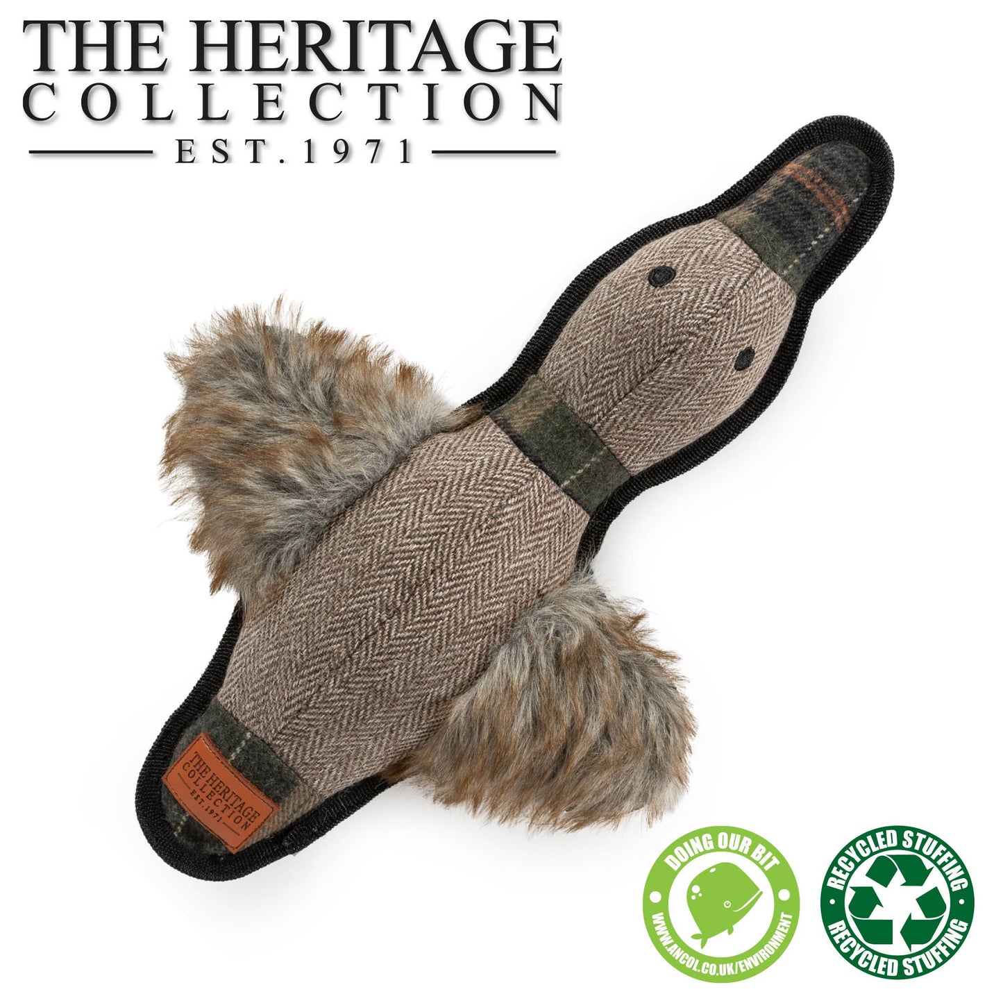 Ancol Heritage Tweed Duck dog toy showing country tweed fabric