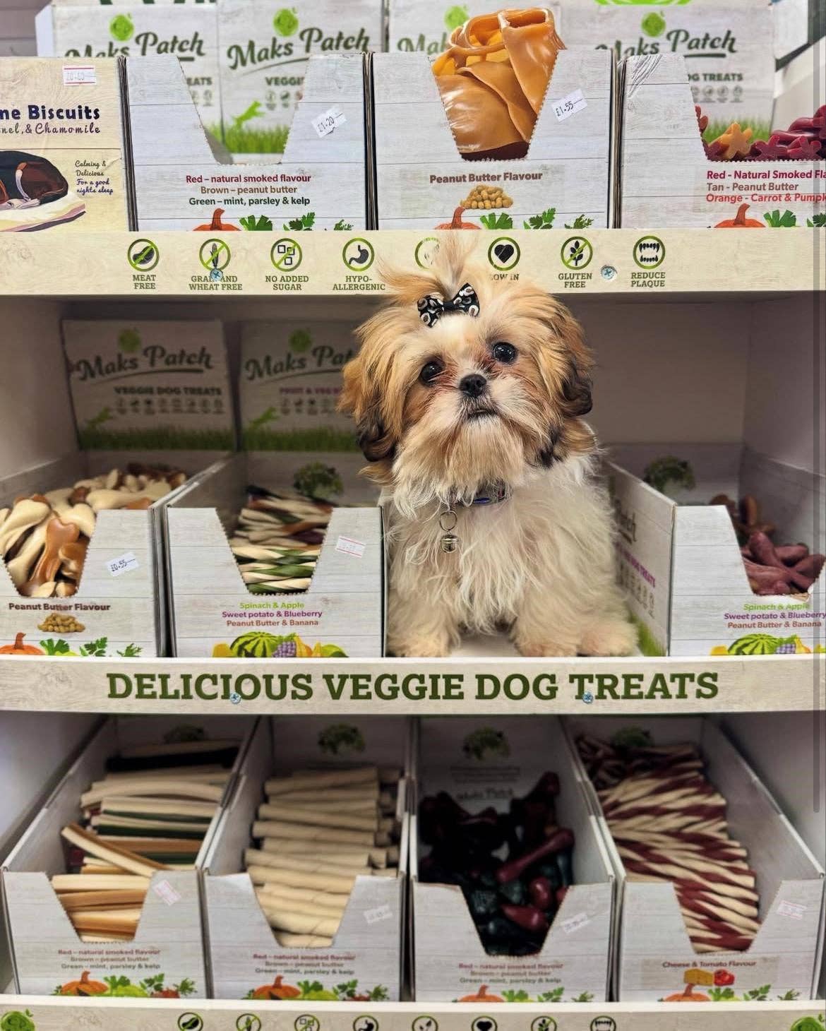Maks'Patch Break A Bar product display — multi-flavour vegan dog treats available individually at Hairy Dogs