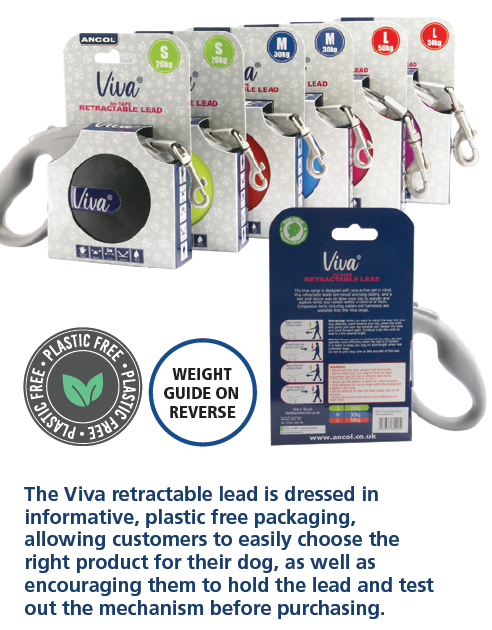 Viva retractable dog lead packaging with weight guide on reverse, plastic-free label, and product description text.
