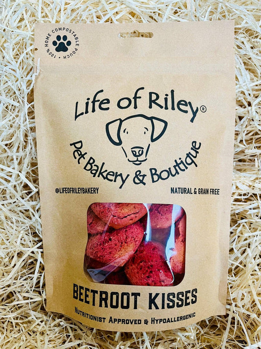 Beetroot Biscuits for dogs in retail packaging, grain-free peanut butter and beetroot dog treats with natural sweetness.