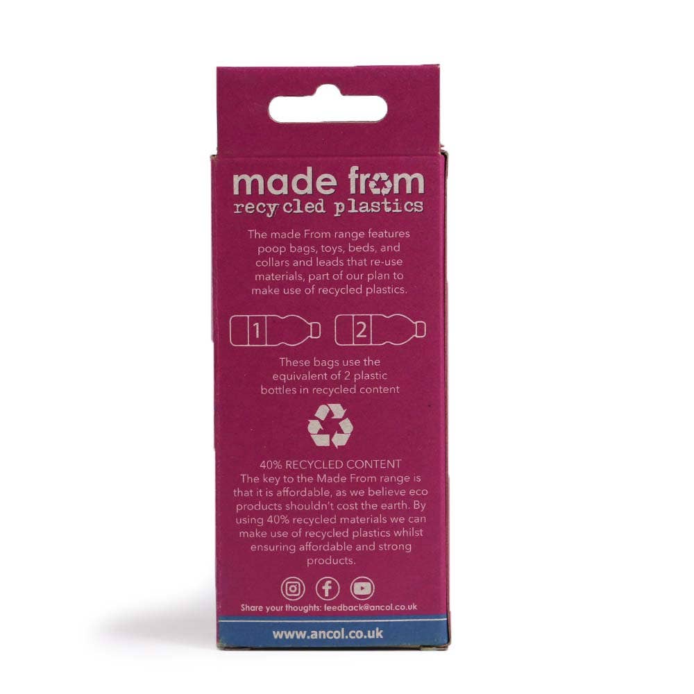 Purple packaging with text about recycled plastics on a white background