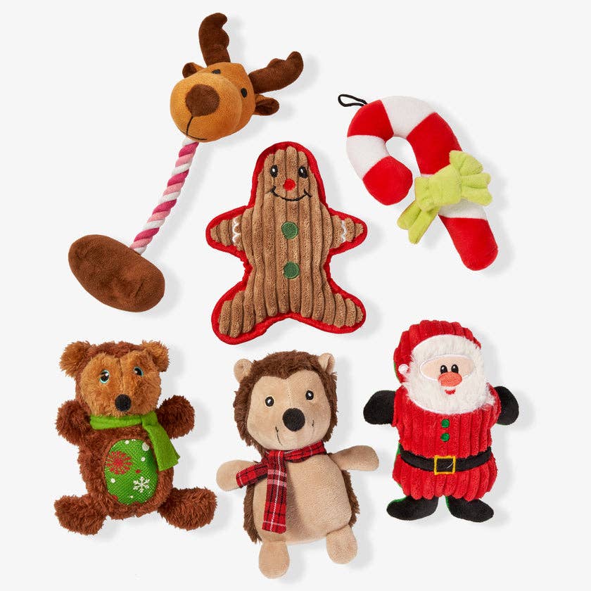 Festive Christmas dog toys in assorted designs including Santa, Reindeer, Candy Cane, Bear, Hedgehog and Gingerbread Man