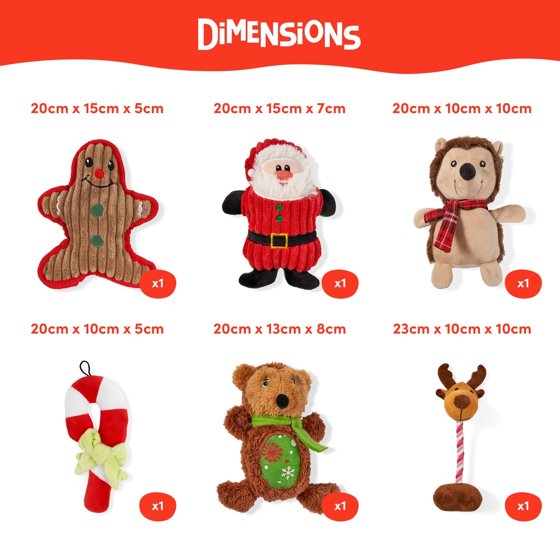 Dimension chart showing sizes and designs of Christmas dog toys
