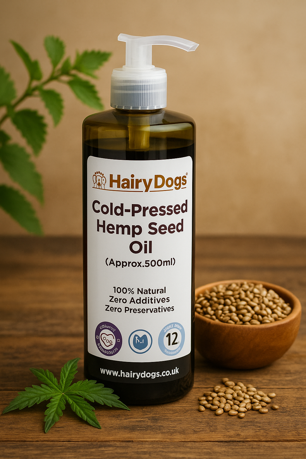 Hairy Dogs Cold Pressed Hemp Seed Oil 500ml bottle on rustic wooden surface with hemp seeds and green leaf – natural dog supplement for skin, coat, and joint health