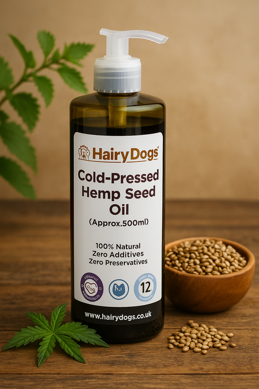 Hairy Dogs Cold Pressed Hemp Seed Oil 500ml bottle on rustic wooden surface with hemp seeds and green leaf – natural dog supplement for skin, coat, and joint health