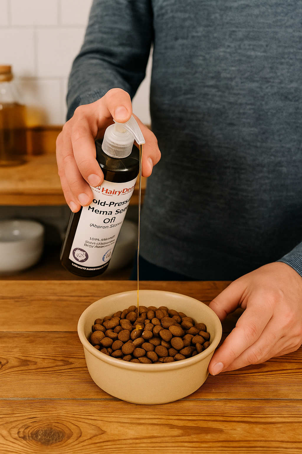 dog owner drizzling oil over kibble in a rustic kitchen