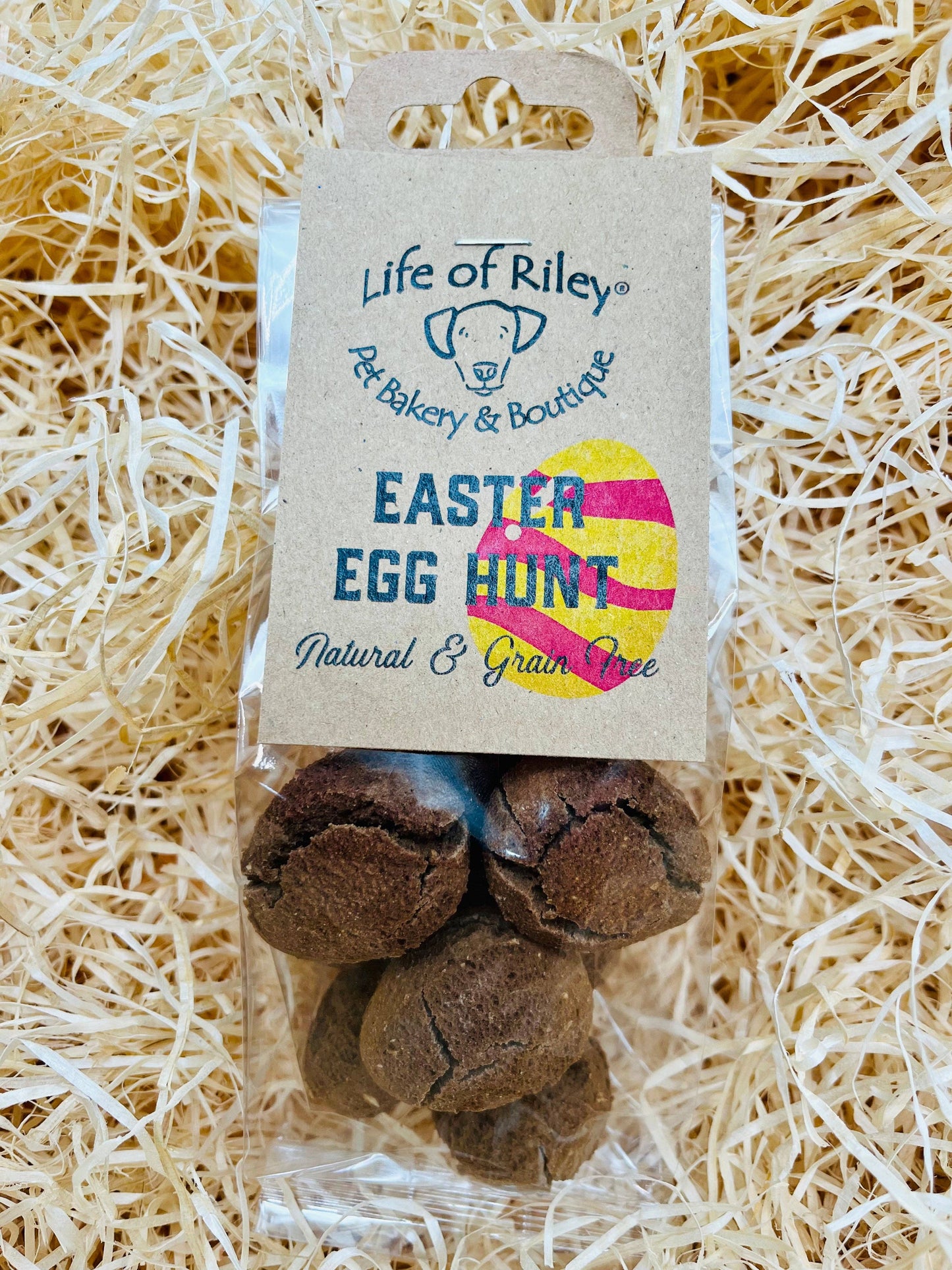 Front of the Life of Riley Easter Egg Hunt dog treats pack showing the seasonal bakery treat packaging