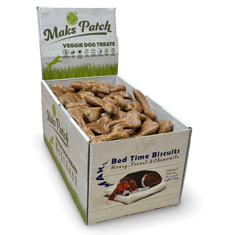 Display box of Maks Patch Bed Time Biscuits – natural veggie dog treats with honey, fennel, and chamomile for restful sleep.