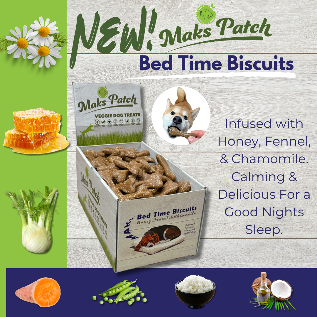 Maks Patch Bed Time Biscuits dog treats infused with honey, fennel, and chamomile – calming and natural bedtime snack for dogs.
