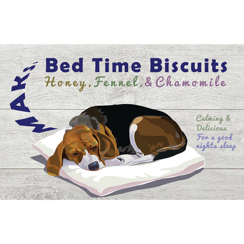 Illustration of sleeping dog on packaging for Maks Patch Bed Time Biscuits – calming and delicious bedtime treat for dogs.