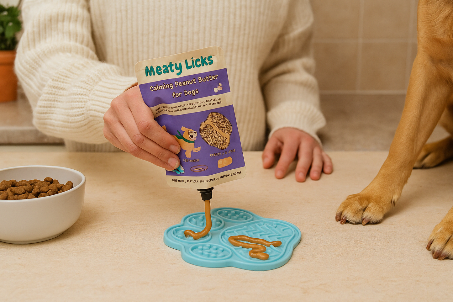 Lifestyle photo showing a dog owner squeezing Meaty Licks Calming Peanut Butter onto a blue lick mat beside a dog’s paw in a cozy rustic kitchen