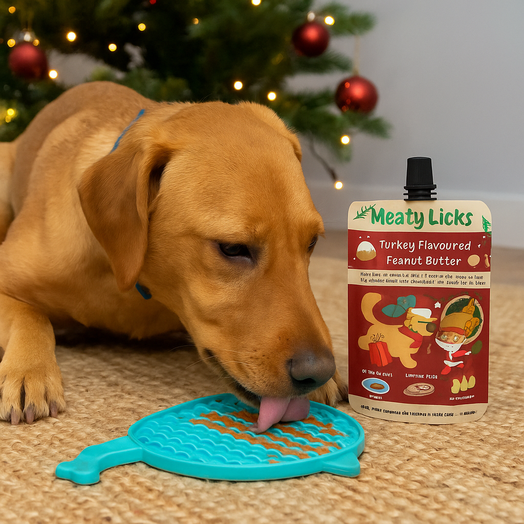 Golden dog licking Meaty Licks Roast Turkey Peanut Butter from a lick mat beside a Christmas tree, creating a festive Hairy Dogs holiday scene.