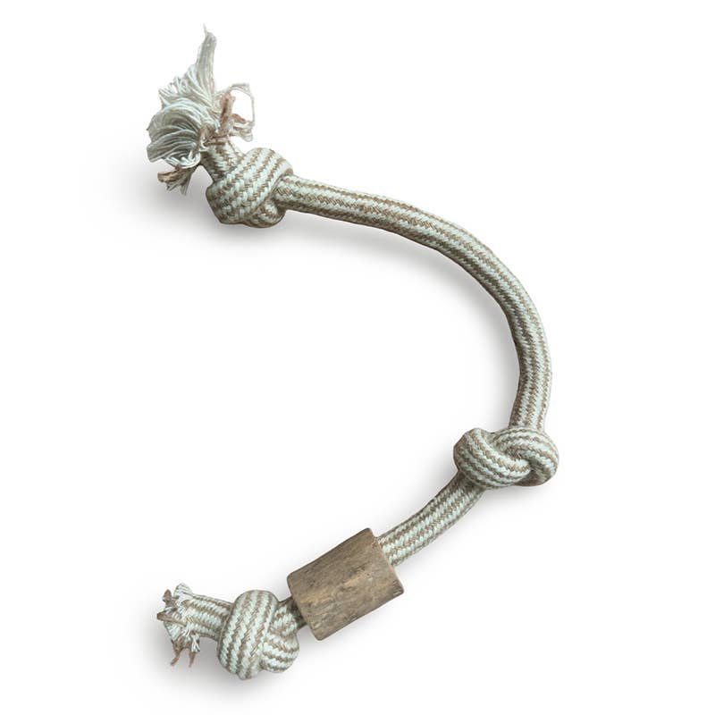 Miro & Makauri Coffee Wood Chew N Tug dog toy with hemp and cotton rope and coffee wood chew.