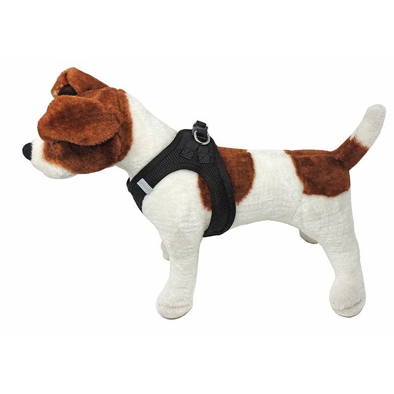 Stuffed dog model wearing Miro & Makauri Step-In Mesh Harness in black – shows side profile and fit.
