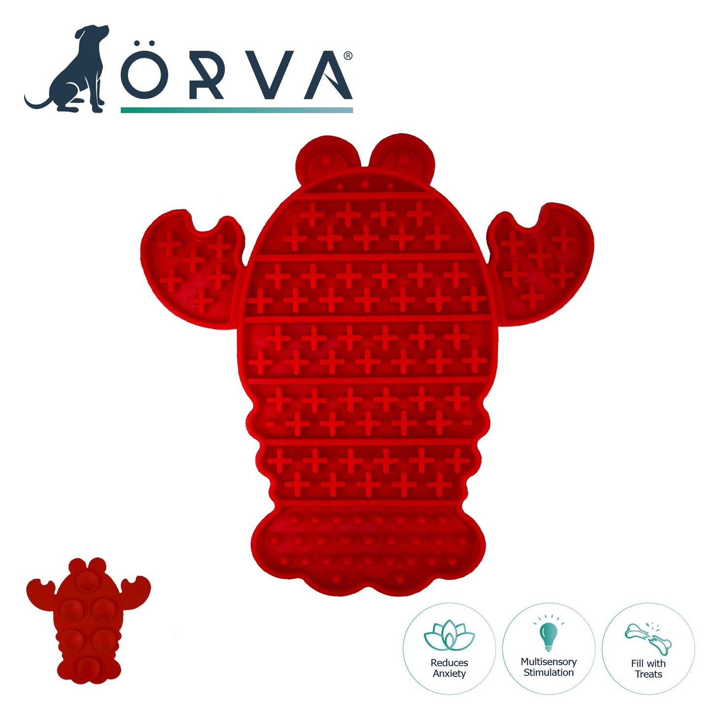 Red ÖRVA Lobster Lick Mat with suction cups and textured design for dog enrichment and anxiety relief