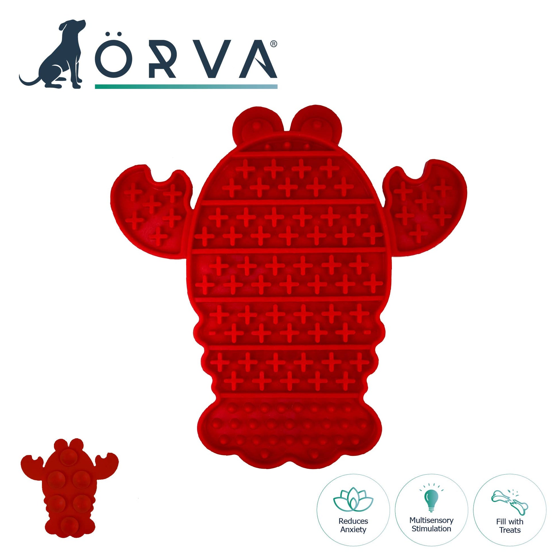 Red ÖRVA Lobster Lick Mat with suction cups and textured design for dog enrichment and anxiety relief