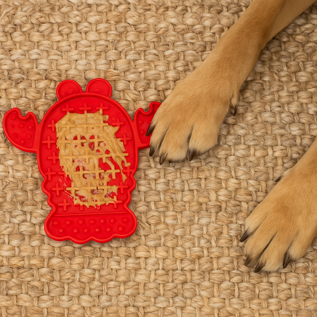Golden Labrador’s paws resting beside a red lobster-shaped ÖRVA lick mat smeared with peanut butter on a woven jute rug, showcasing a calm enrichment moment.