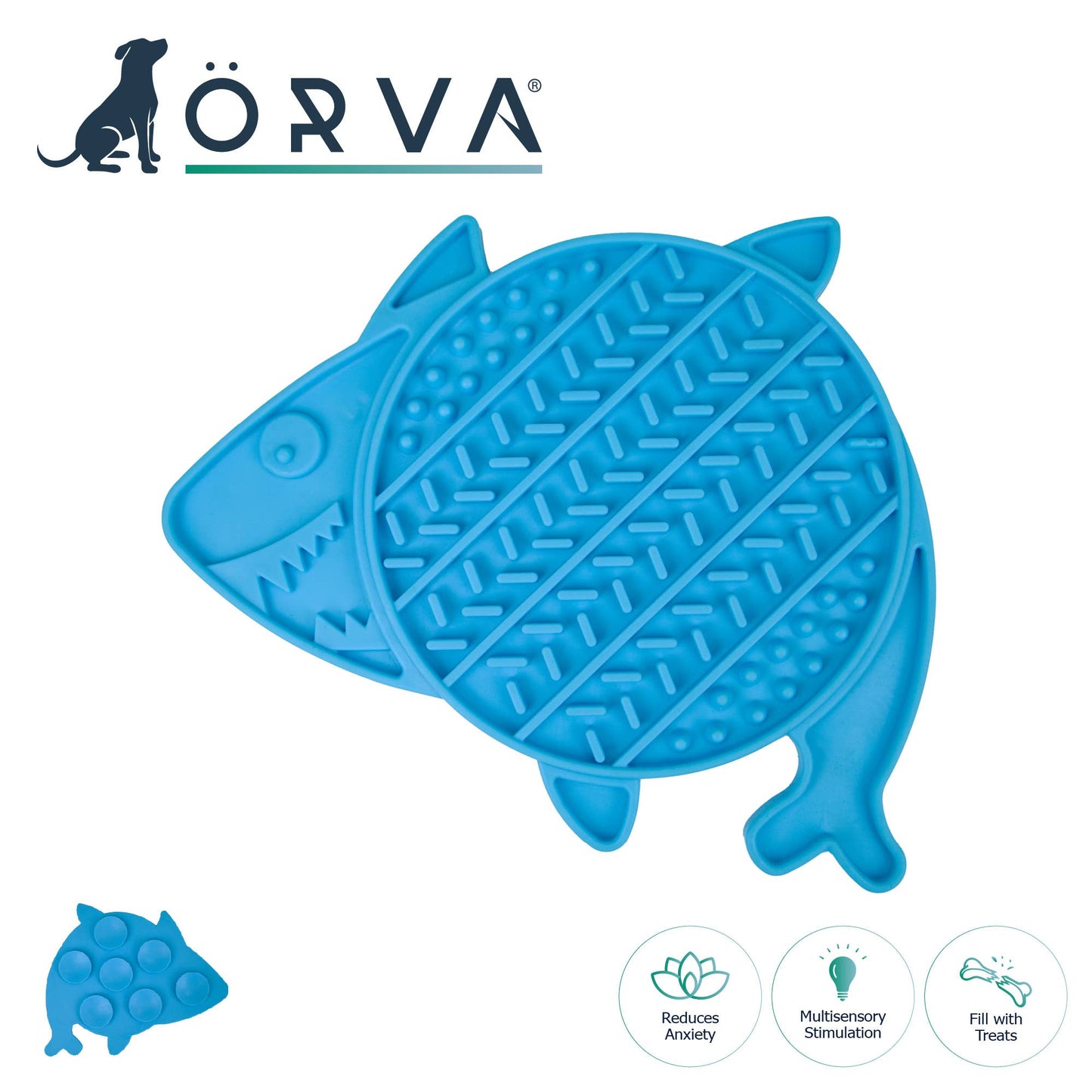 Blue ÖRVA Shark Lick Mat for dogs – eco-friendly enrichment toy with suction cups.