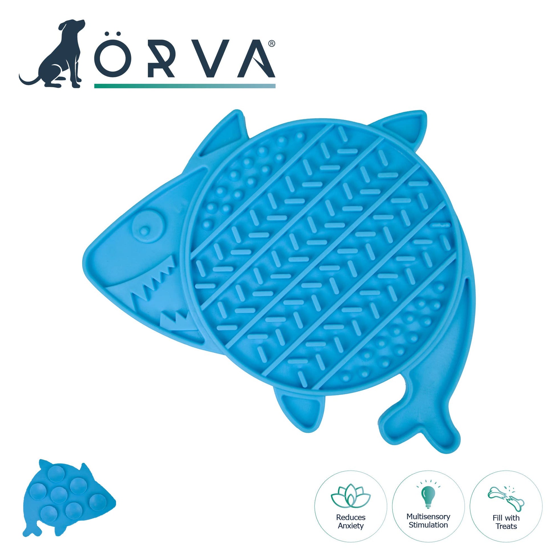 Blue ÖRVA Shark Lick Mat for dogs – eco-friendly enrichment toy with suction cups.