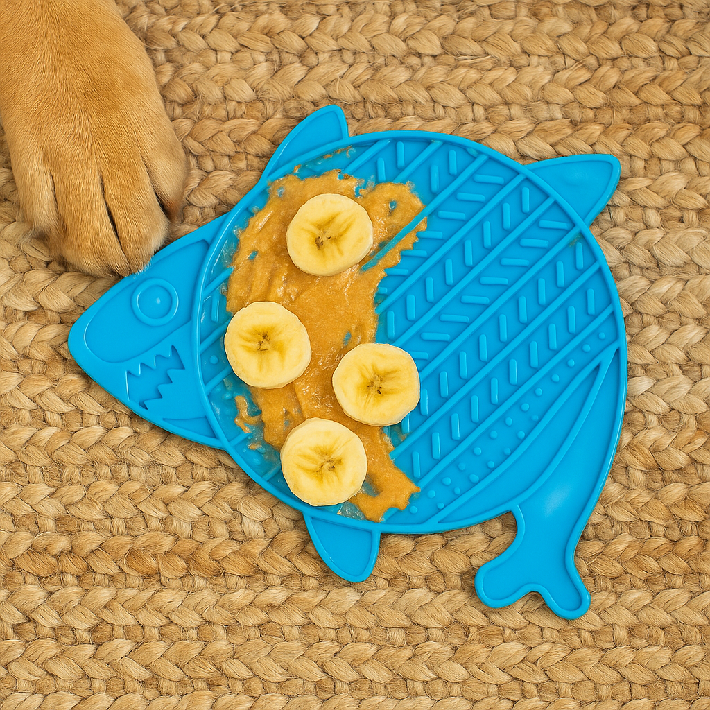 Dog paw reaching for blue ÖRVA Shark Lick Mat with peanut butter and banana slices on jute mat – Hairy Dogs eco pet lifestyle flat lay.