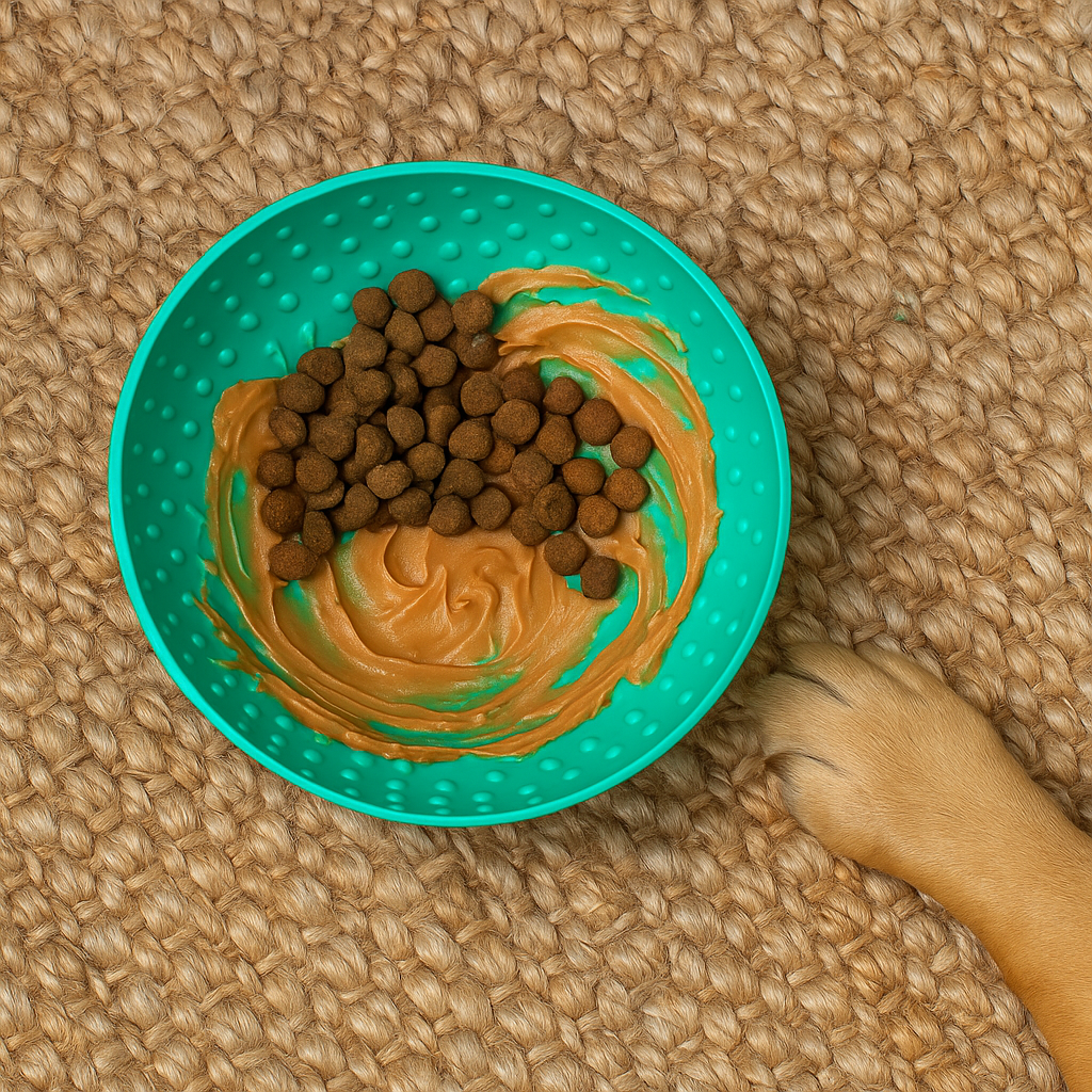 A lifestyle flat lay of the turquoise ÖRVA Wobble Bowl filled with peanut butter and kibble on a natural jute mat, with a dog paw in frame — part of the Hairy Dogs eco-friendly enrichment range.