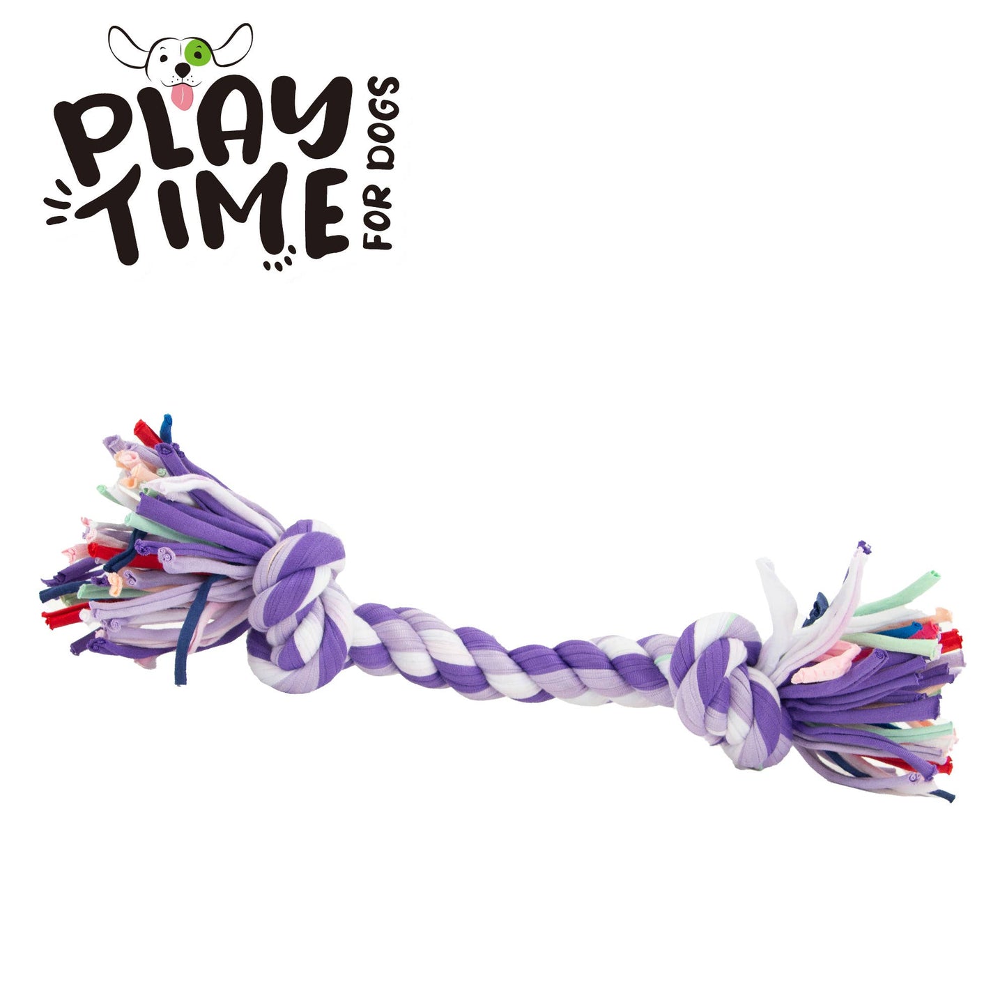 Large multi-coloured dog rope toy made from recycled fabric in purple, white, and rainbow colours