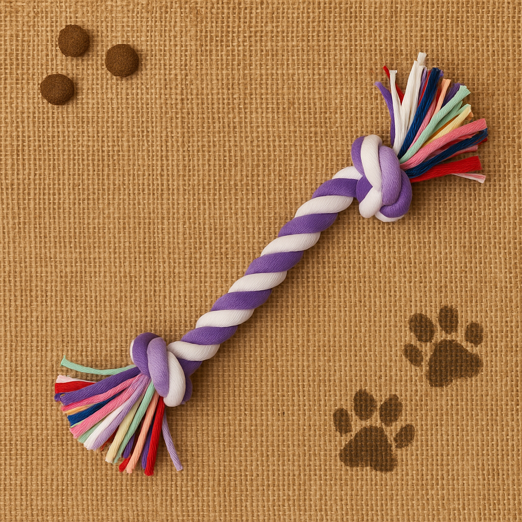 Flat-lay of large multi-coloured dog rope toy made from recycled fabric on hessian surface with pawprints and dog treats
