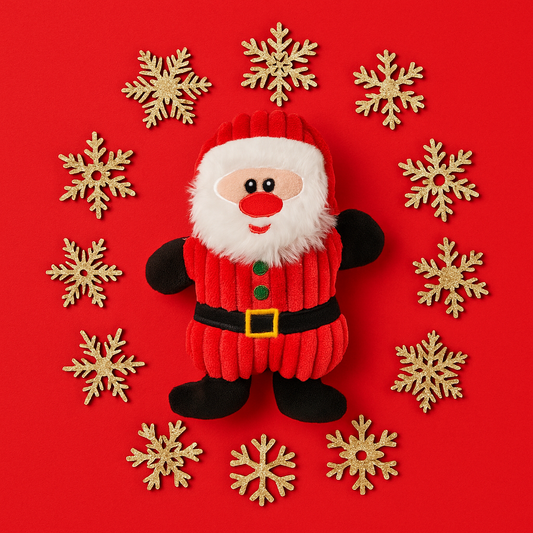 Festive flat-lay of a Santa plush squeaky dog toy surrounded by Christmas decorations, baubles, pinecones and red plaid fabric