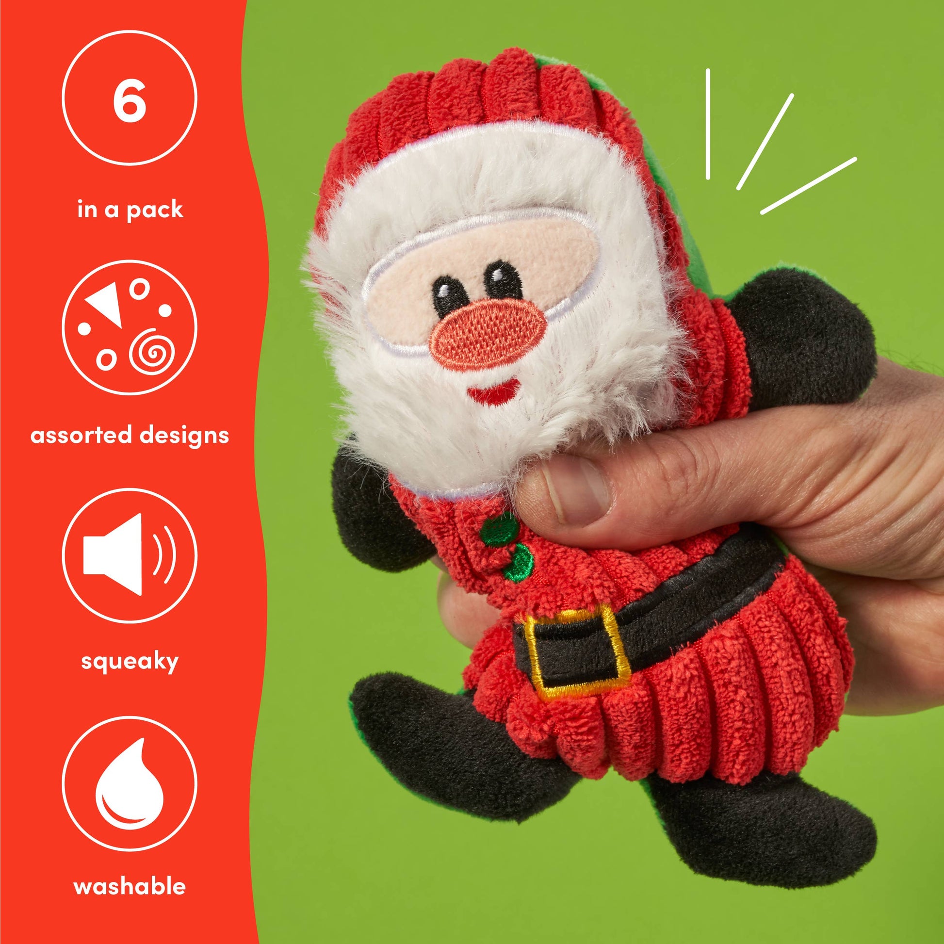 Santa plush squeaky Christmas dog toy being held in hand