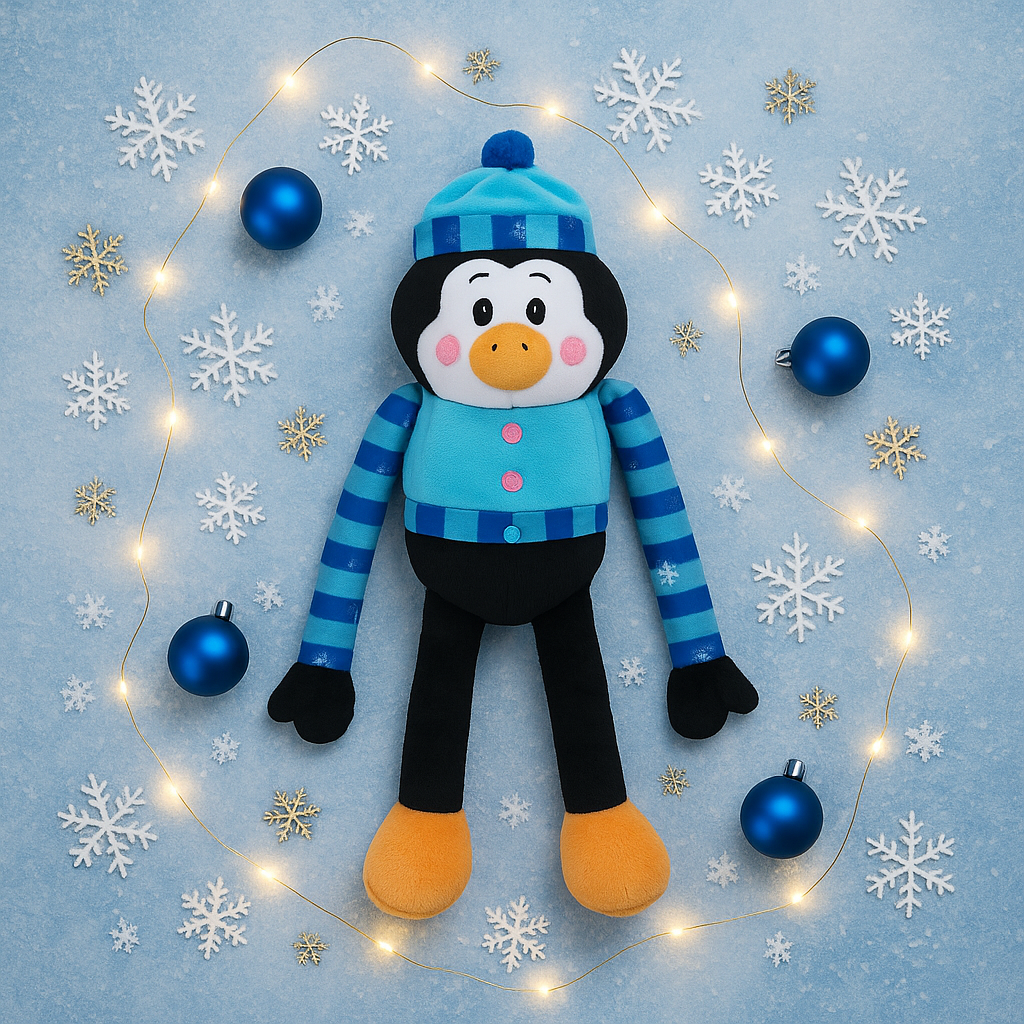 Festive flat-lay of Shaker Penguin Holiday Dog Toy surrounded by blue baubles, snowflakes, and fairy lights on a frosty blue background