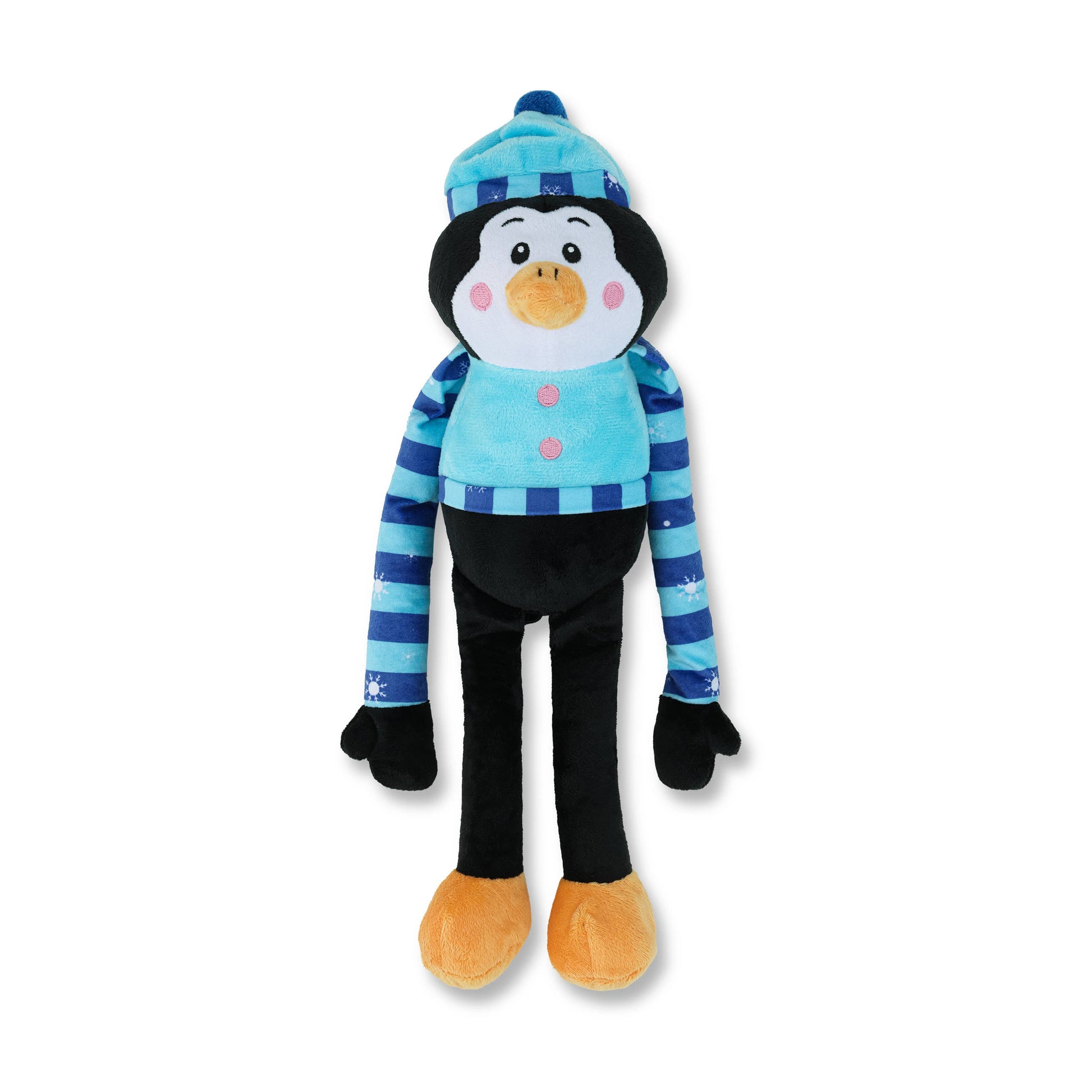 Full-length photo of penguin dog toy showing long arms and legs for tug play