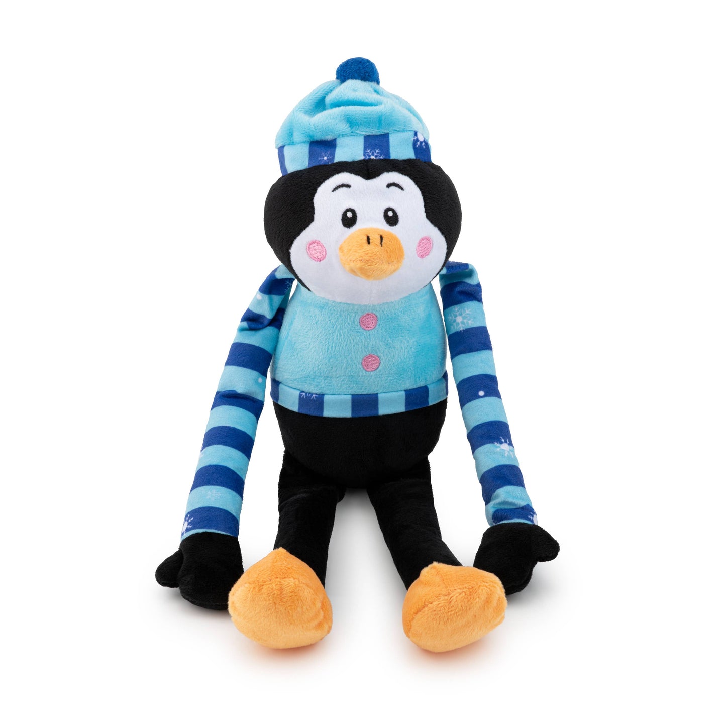 Shaker Penguin Holiday Dog Toy with blue striped arms and orange feet